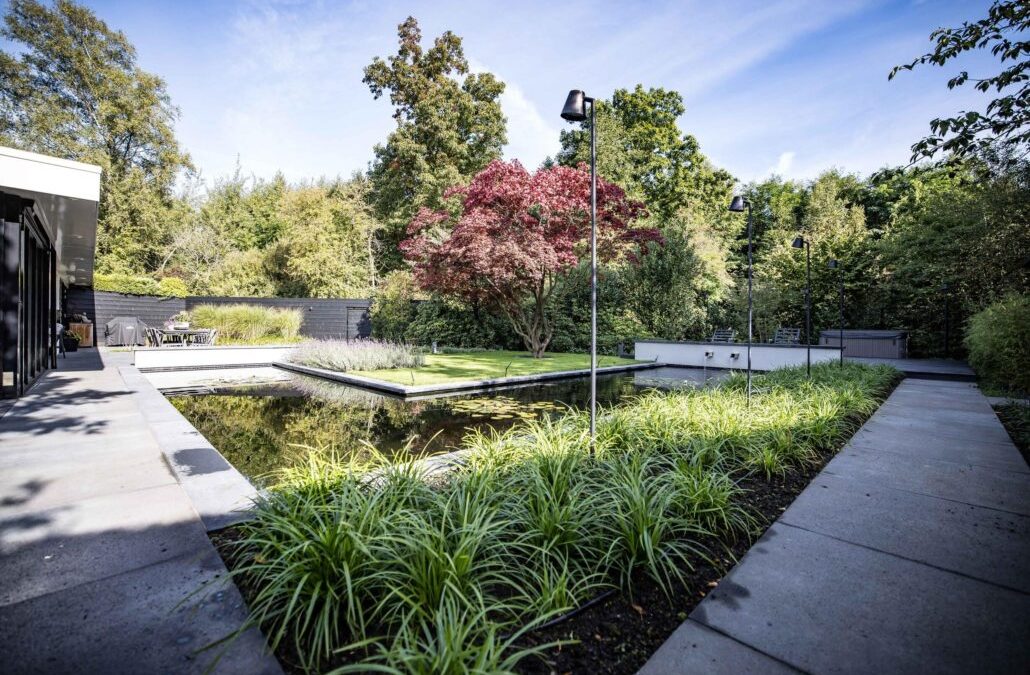 Tuinaanleg met moderne vijver